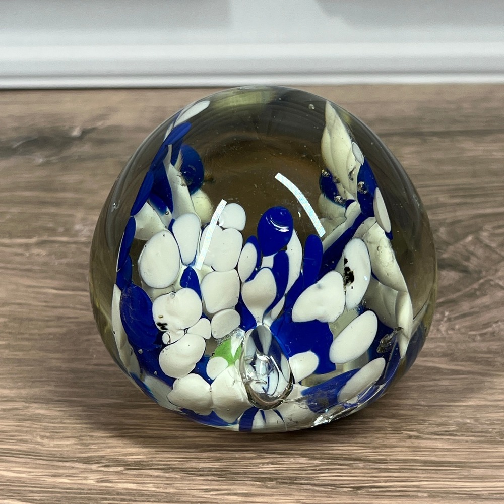 Glass Paperweight 2.5in Blue White Floral Controlled Bubble Orb